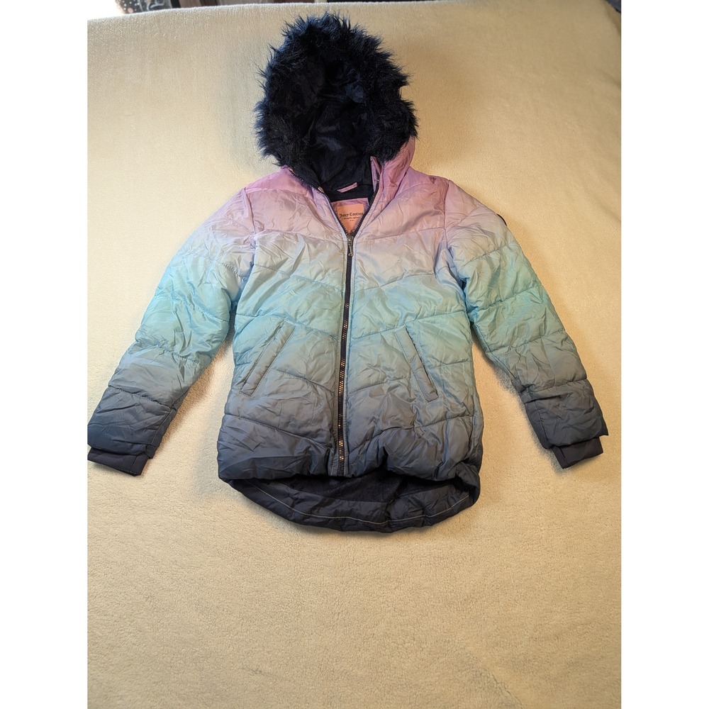 Juicy Couture Kids Ombre Puffer Jacket Purple Teal Faux Fur Hood Size M 10/12